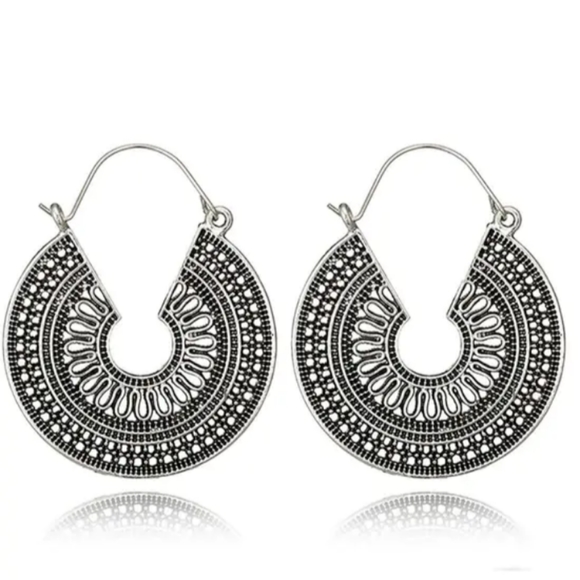 Mandala Silver Filigree CutOut Metal Lace Hoop Earrings Big Hoops Bohemian New - Picture 1 of 10